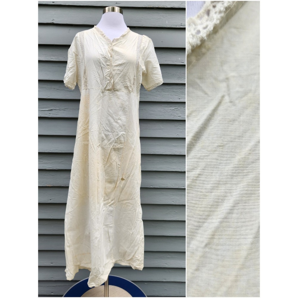 Antique 1910s Vintage Edwardian Cream Cotton Lace Nightgown Tea Dress Maxi Large